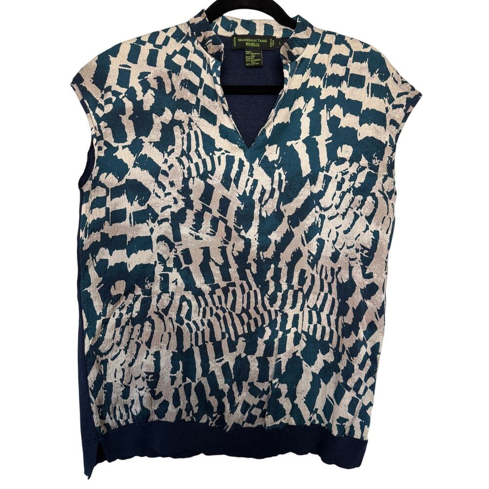 Shanghai Tang Womens L Mulberry Silk Cotton Abstract Print V-Neck Short Sleeve